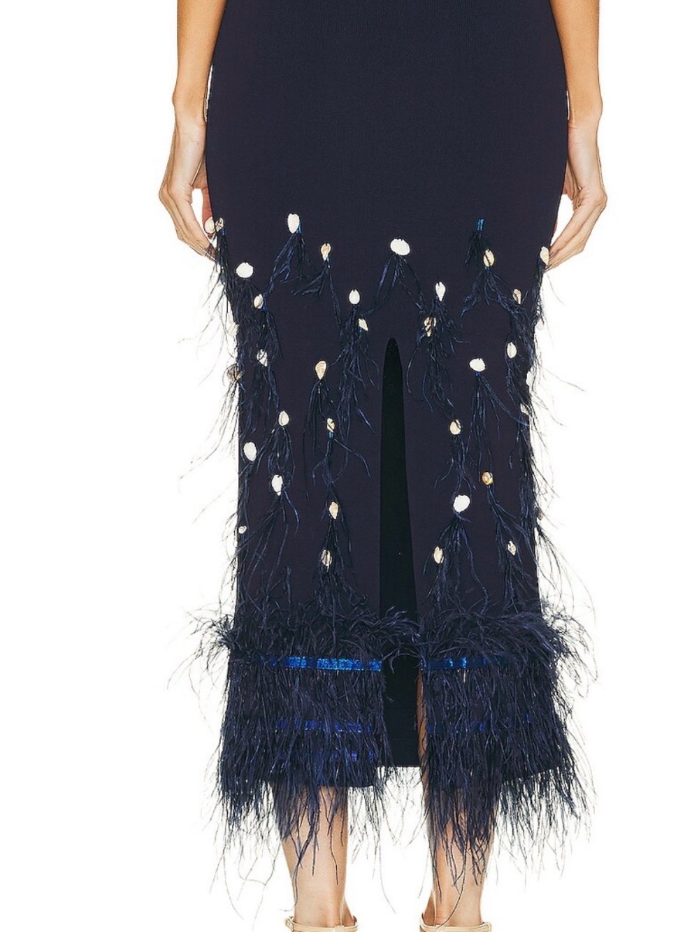 STAUD Kristin Ostrich Feather & Shell Strapless Navy Midi Set, TOP & SKIRT - Picture 3 of 11